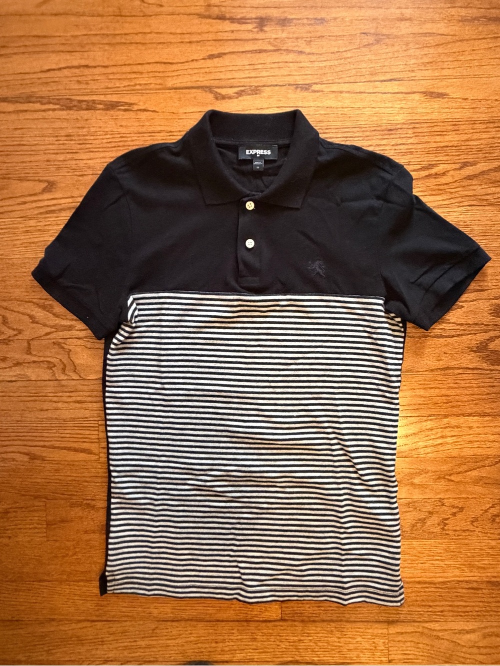 Express Men’s Black Polo with Black & White Striped Body